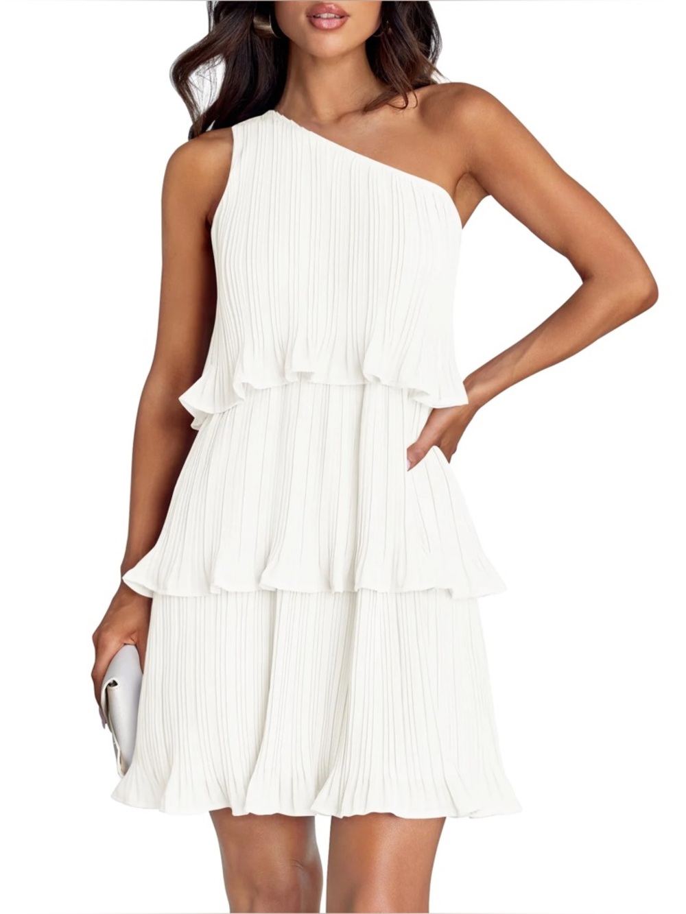 Zesica One-Shoulder Ruffle Tiered White Dress Size L